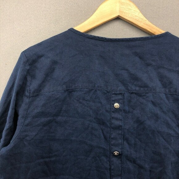 JM Collection 100% Linen Button Back Top Women 14 Nautical Coast Roll Tab Sleeve - Picture 6 of 11
